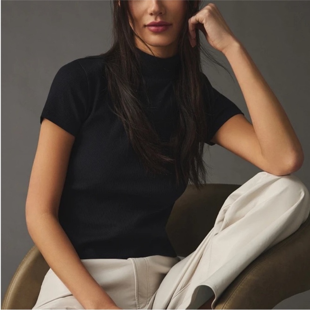 Maeve Black Short Sleeve-Mock Neck